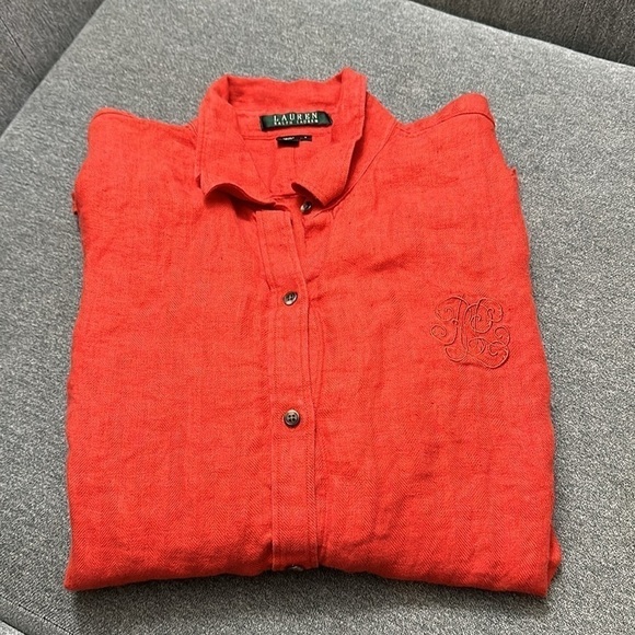 Lauren Ralph Lauren Monogram Linen Button Down Shirt-Burnt Orange Color Size L - Picture 8 of 8